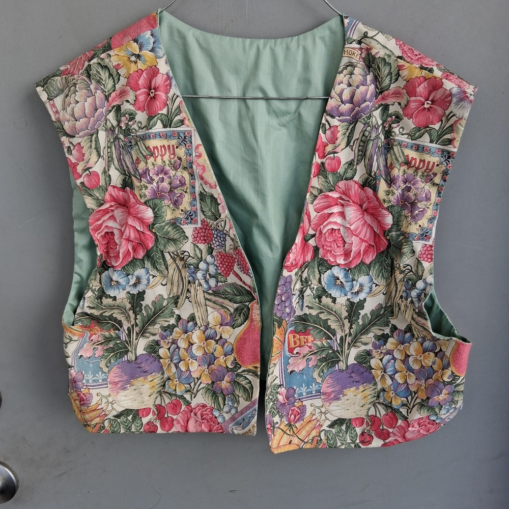 Vintage Handmade Floral Garden Seed Packet Print Open Front Vest Small